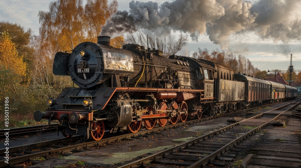 Naklejka premium Steam locomotive, renovated, looks like a model but is real. Generative AI