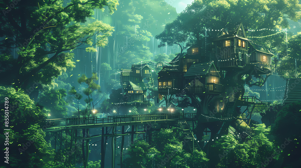 Fototapeta premium tree house, anime manga illustration, cover wallpaper