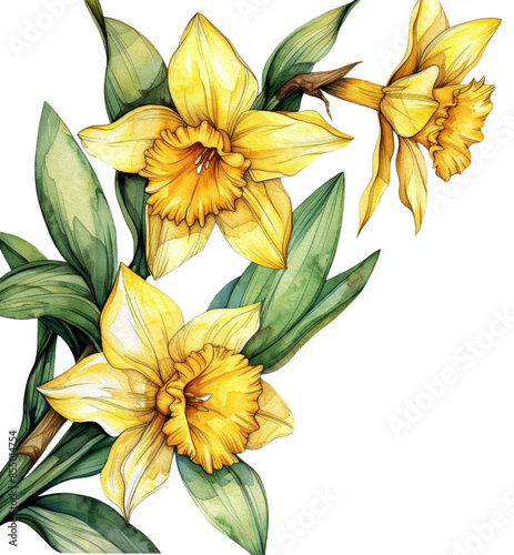 Elegant watercolor painting of yellow daffodil flowers with green leaves. Ideal for springtime themes, cut out. PNG. transparent background.