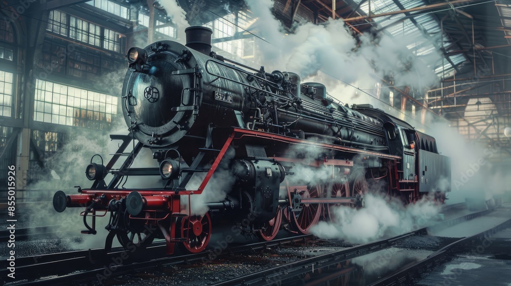 Steam locomotive, renovated, looks like a model but is real. Generative AI Steam locomotive, renovated, looks like a model but is real. Generative AI