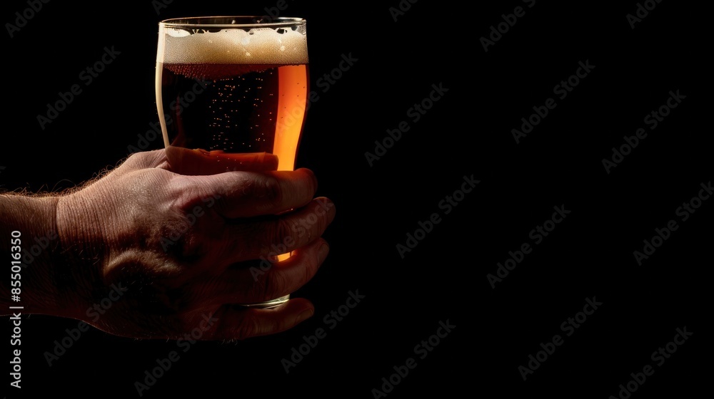 Fresh beer on tap. The bartender holds a glass of freshly tapped beer. Fresh beer on tap. The bartender holds a glass of freshly tapped beer.