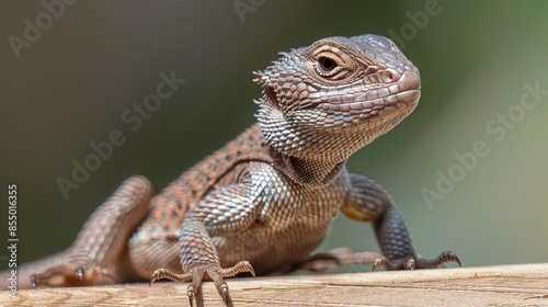 A brown lizard with beautiful scales sits on a wooden surface. It's a type of lizard that gives birth to live young instead of laying eggs. photo