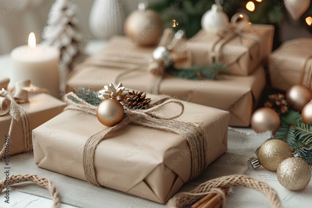 A bunch of wrapped presents sitting on top of a table A bunch of wrapped presents sitting on top of a table