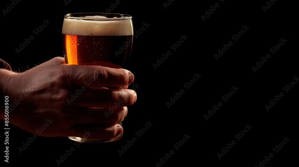 Fresh beer on tap. The bartender holds a glass of freshly tapped beer. Fresh beer on tap. The bartender holds a glass of freshly tapped beer.