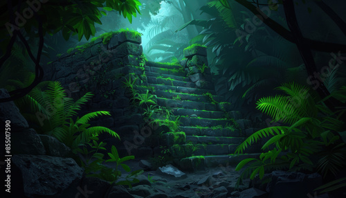 A dark forest with moss growing on the steps of a stone staircase © Wonderful Studio