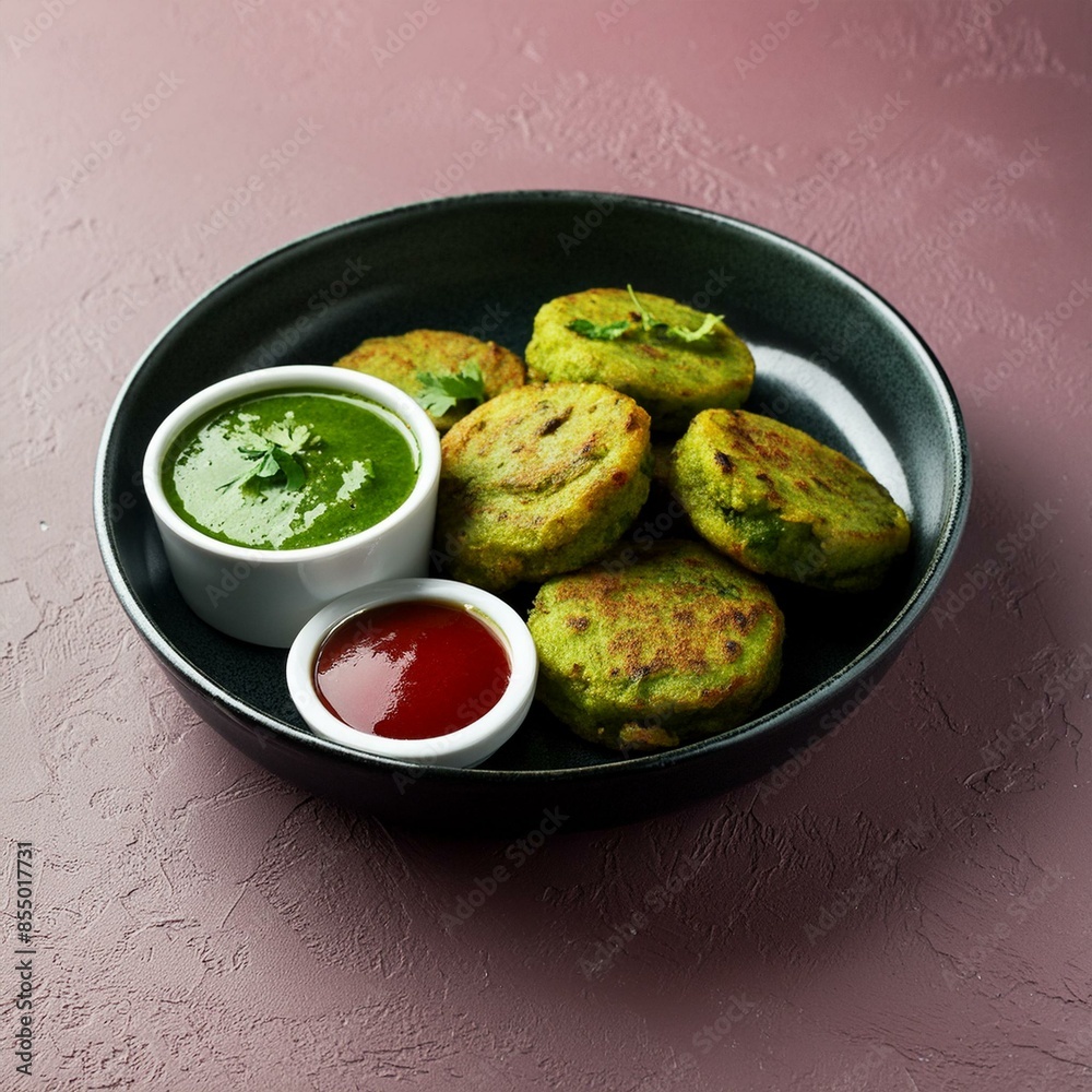 Indian vegetarian snack dish hara bhara kabab or kebab served chutney Indian vegetarian snack dish hara bhara kabab or kebab served chutney