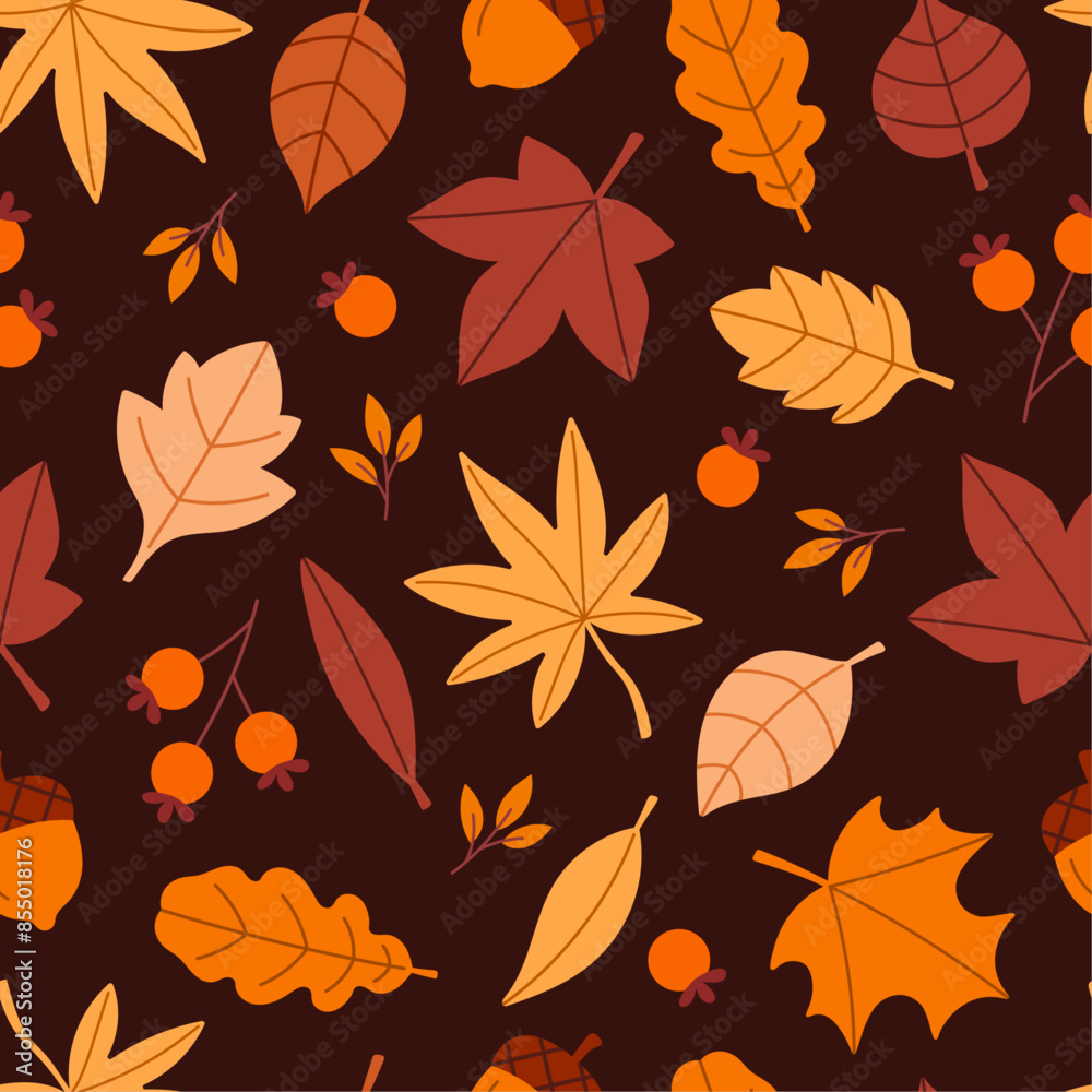 Seamless autumn pattern with leaves on a dark background