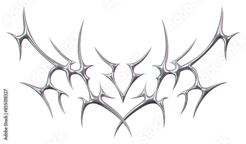 3D silver metal tribal pattern. Y2k tattoo in liquid mercury. Abstract neo tribal ornament.