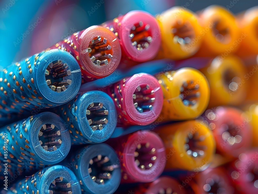 Microscopic View of a Vibrant Colorful Microscope Power Cord Highlighting Individual Strands and Plug Connections