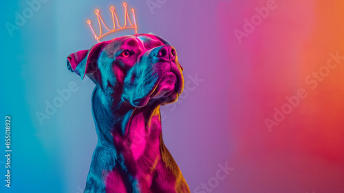 Colorful portrait of a dog with neon crown, modern art concept photo