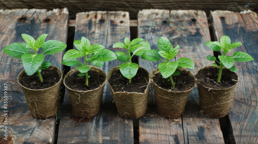 Young plants in biodegradable pots on wooden table. Gardening and agriculture concept Young plants in biodegradable pots on wooden table. Gardening and agriculture concept