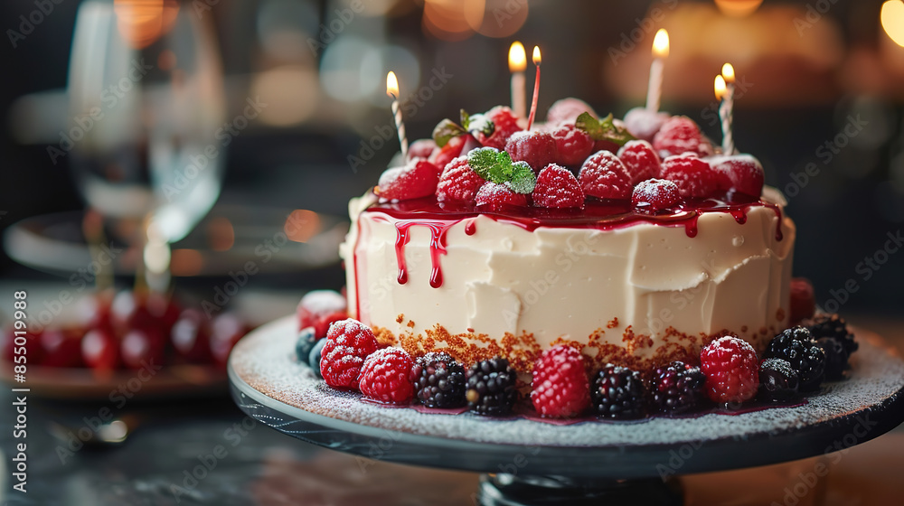 Exquisite Party Cake with Vibrant Decorations and Sparkling Candles Exquisite Party Cake with Vibrant Decorations and Sparkling Candles