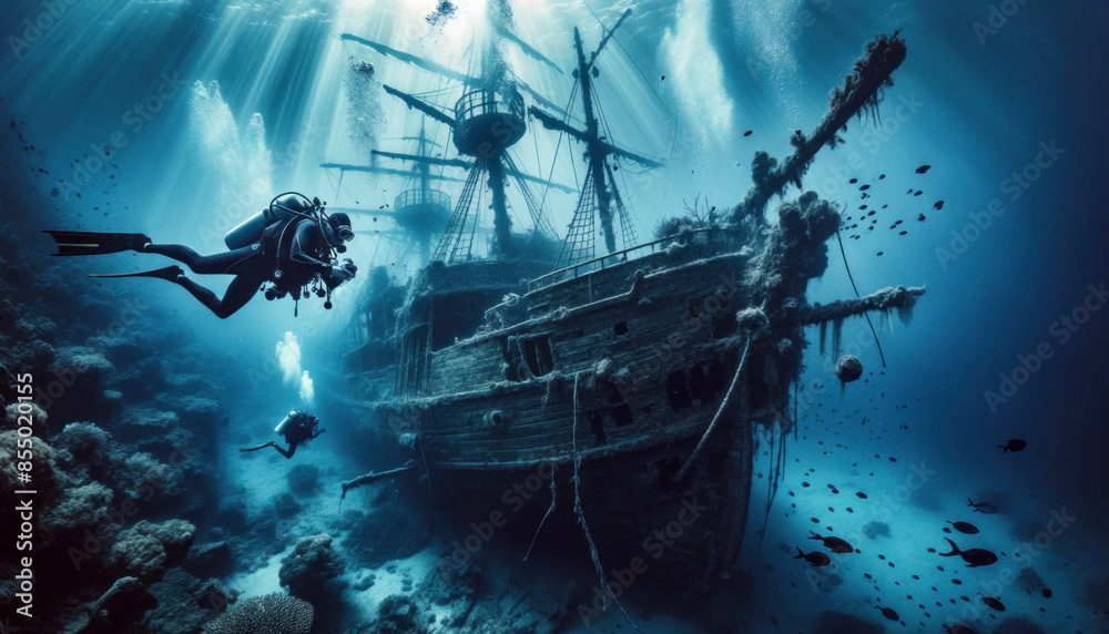 Naklejka premium Scuba diver exploring sunken pirate shipwreck underwater