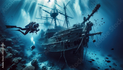 Scuba diver exploring sunken pirate shipwreck underwater
