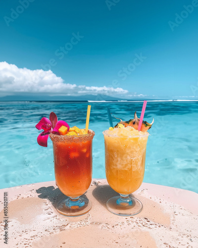 two colorful tropical drinks sea background. summer vacation