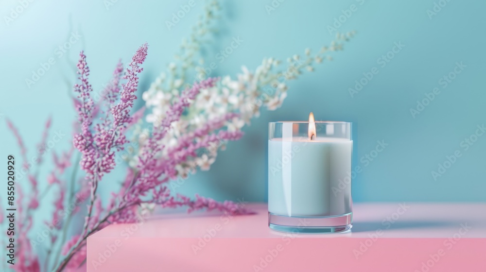 A lit candle in a glass holder next to pink and white flowers on a pastel surface, soft lighting. Relaxation and aromatherapy concept A lit candle in a glass holder next to pink and white flowers on a pastel surface, soft lighting. Relaxation and aromatherapy concept
