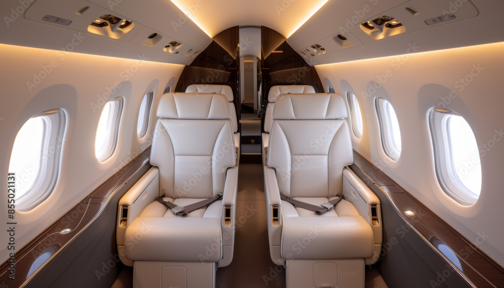 Fototapeta premium The interior of a plane is filled with white seats and a wooden paneling