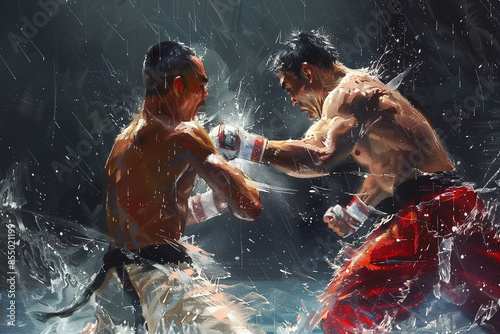 Mix martial art digital portrait, Ethereal wrestling concept Art, eye catching surreal boxing people, Creative fantasy fighting MMA figures, 2 boxing Duo, Powerful Boxing banner, Boxers in Action