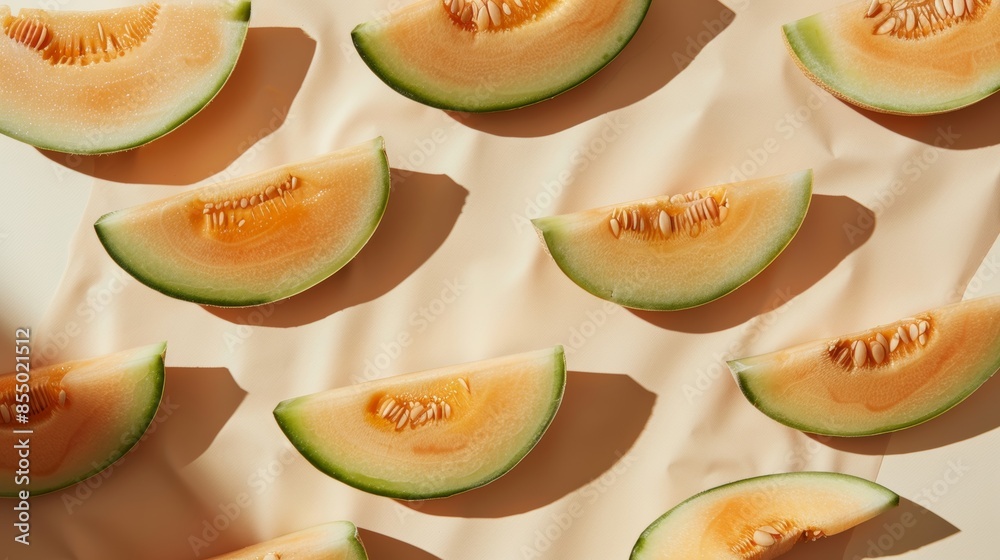 Slices of ripe cantaloupe melon arranged in a pattern, top view. Fresh summer fruit concept Slices of ripe cantaloupe melon arranged in a pattern, top view. Fresh summer fruit concept