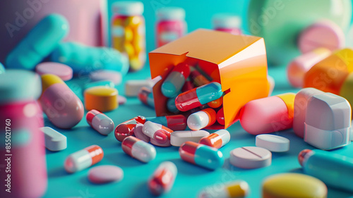 Colorful pills spilled from orange box on blue background