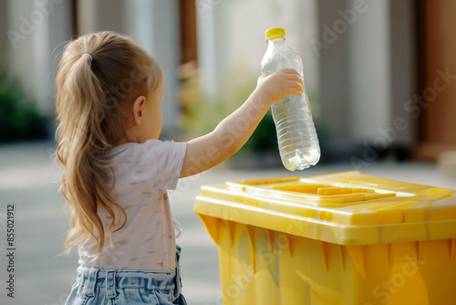 A little girl is holding a plastic water bottle and throwing it away in a yellow trash can. Recycled plastic waste.