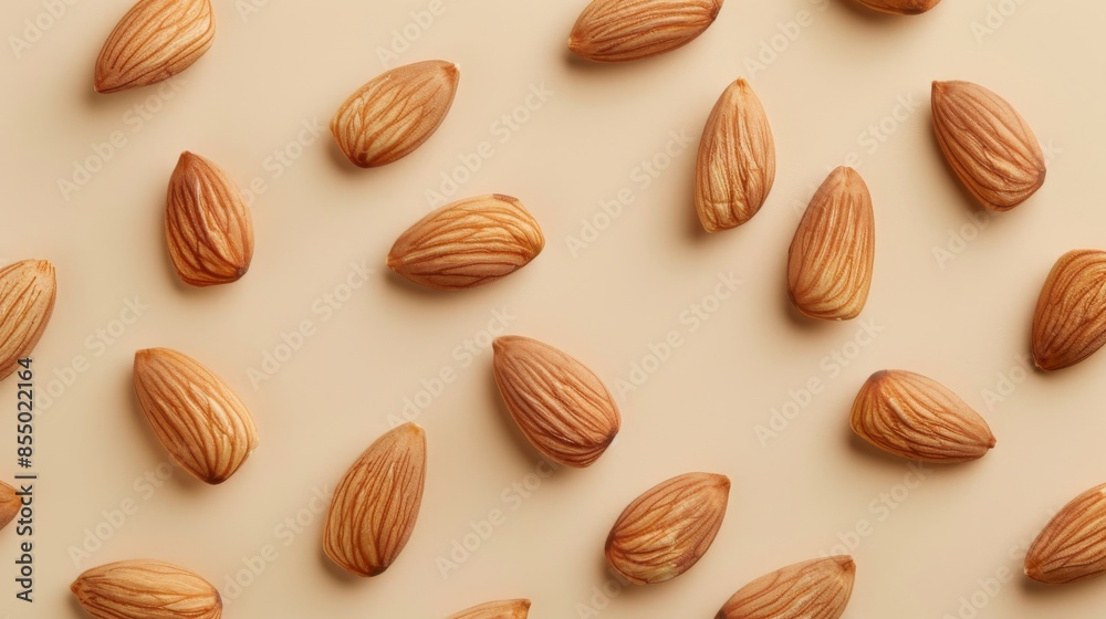 Scattered almonds on a beige background, top view. Healthy food and nutrition concept Scattered almonds on a beige background, top view. Healthy food and nutrition concept