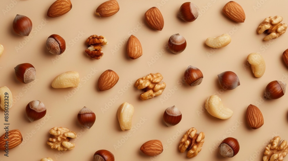 Various nuts scattered on a beige background, healthy eating and snack concept Various nuts scattered on a beige background, healthy eating and snack concept