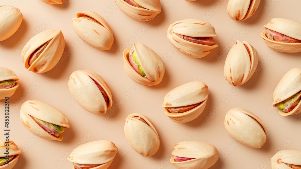Pistachios on a light beige background, top view. Healthy snack and food concept Pistachios on a light beige background, top view. Healthy snack and food concept