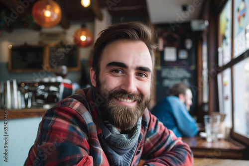 Bearded man sitting in a cozy cafe, smiling at the camera
