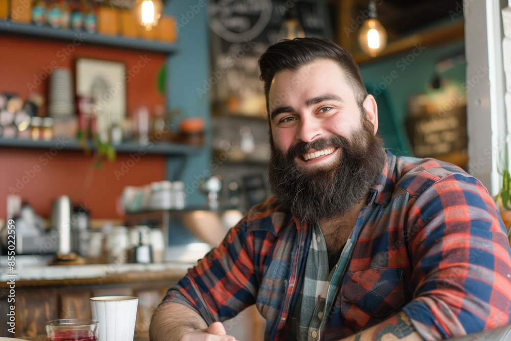 Bearded man sitting in a cozy cafe, smiling at the camera Bearded man sitting in a cozy cafe, smiling at the camera