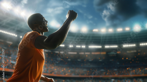 A man in athletic gear celebrates with a triumphant fist pump as he scores the winning goal in a thrilling soccer match