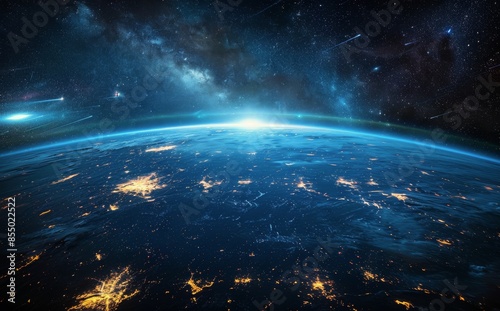 Earthrise Over Nighttime City Lights With Milky Way and Shooting Stars