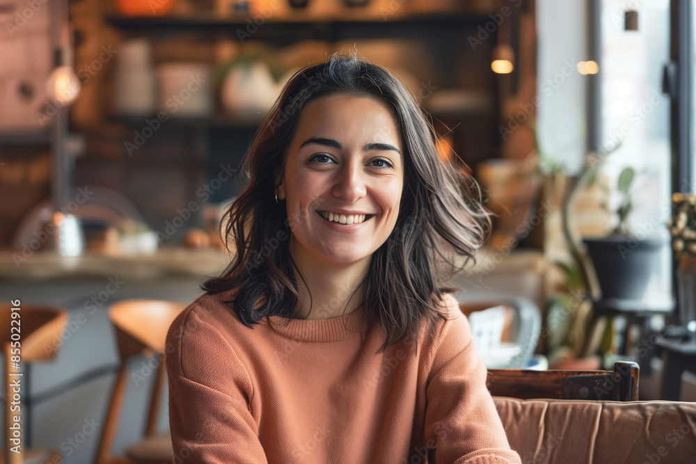 Beautiful woman sitting in a cafe, smiling at the camera Beautiful woman sitting in a cafe, smiling at the camera