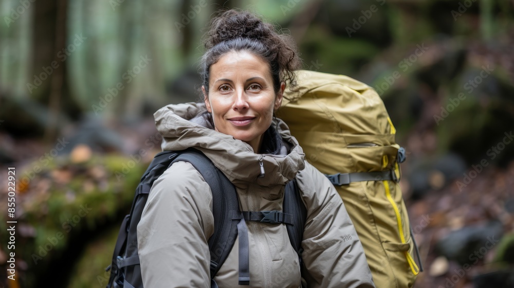 Elderly woman conquering mountain hiking trails with backpack, showing determination and joy Elderly woman conquering mountain hiking trails with backpack, showing determination and joy