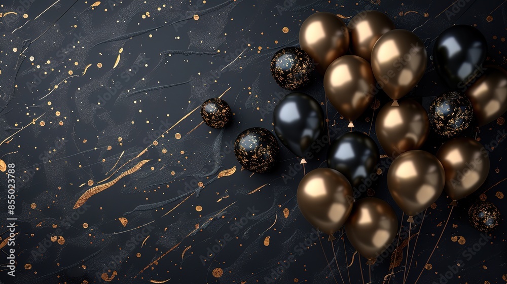 Naklejka premium Gold balloons bunch on a black wall background. Horizontal banner.
