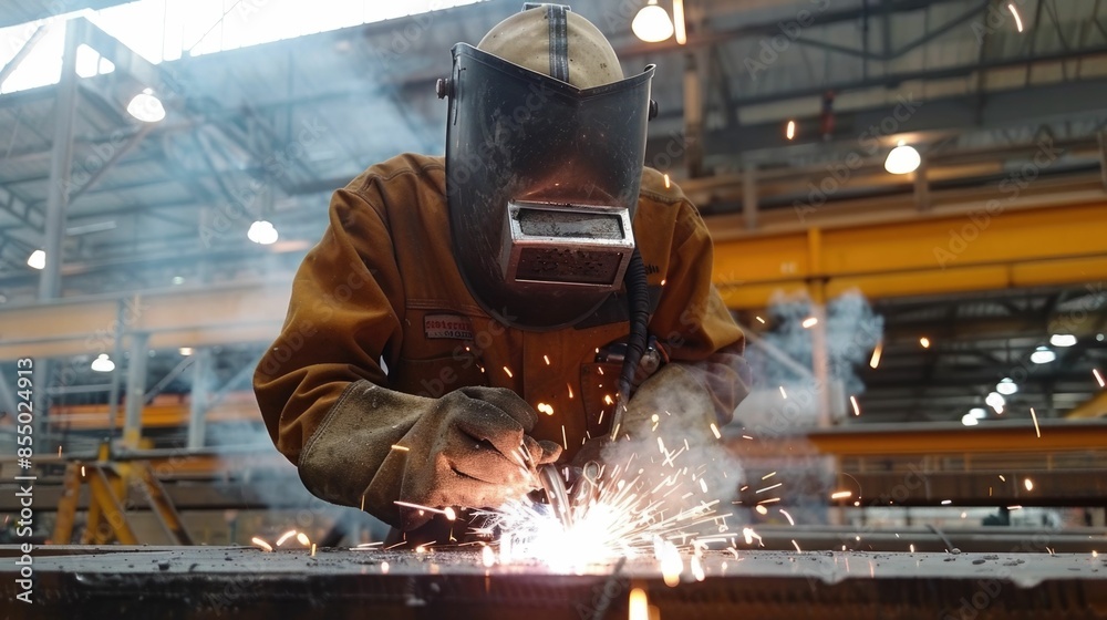 Industrial welder wearing full protective gear including helmet and gloves working on metal structures and fabrication with bright sparks and welding torch in a manufacturing or workshop setting Industrial welder wearing full protective gear including helmet and gloves working on metal structures and fabrication with bright sparks and welding torch in a manufacturing or workshop setting