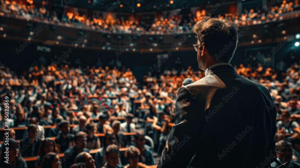 A large audience gathered in a crowded auditorium listens intently as a keynote speaker delivers a presentation on stage at an industry conference event A large audience gathered in a crowded auditorium listens intently as a keynote speaker delivers a presentation on stage at an industry conference event