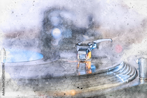 Close up of turntable stylus (needle) on black vinyl record. (digital photosketch)