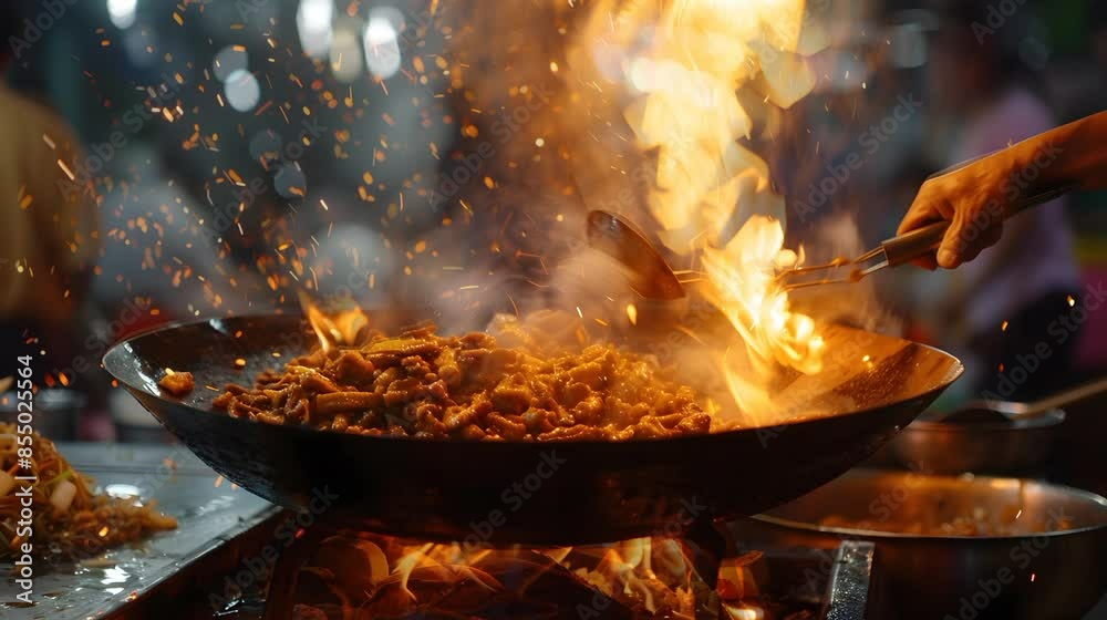 Dramatic wok cooking performance with flames and sizzling food. Captivating street food market scene Dramatic wok cooking performance with flames and sizzling food. Captivating street food market scene