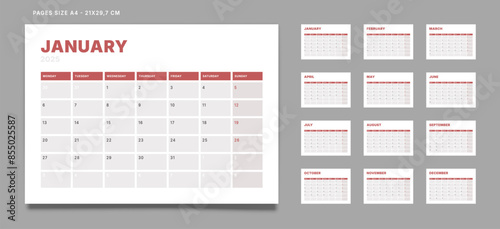 Set of 12 Pages Monthly Calendar Planner Templates on 2025 year. Vector mockup of a wall or desktop calendar with the week start on Monday for print. Pages size A4 -21x29.7cm