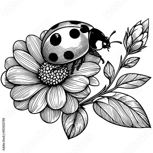 black and white flower with ladybug
