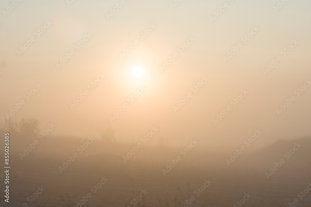 Obraz premium Fog in the autumn morning, the sun at dawn, natural natural background.