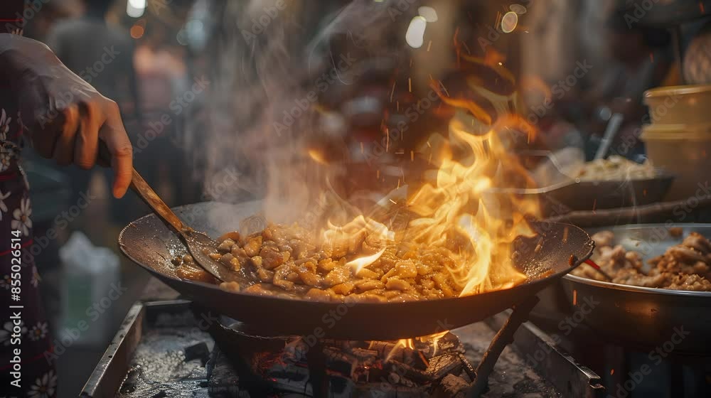 Dramatic wok cooking performance with flames and sizzling food. Captivating street food market scene Dramatic wok cooking performance with flames and sizzling food. Captivating street food market scene