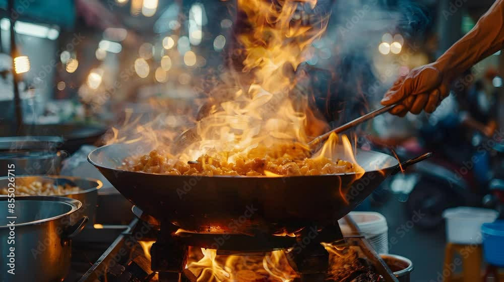 Dramatic wok cooking performance with flames and sizzling food. Captivating street food market scene Dramatic wok cooking performance with flames and sizzling food. Captivating street food market scene