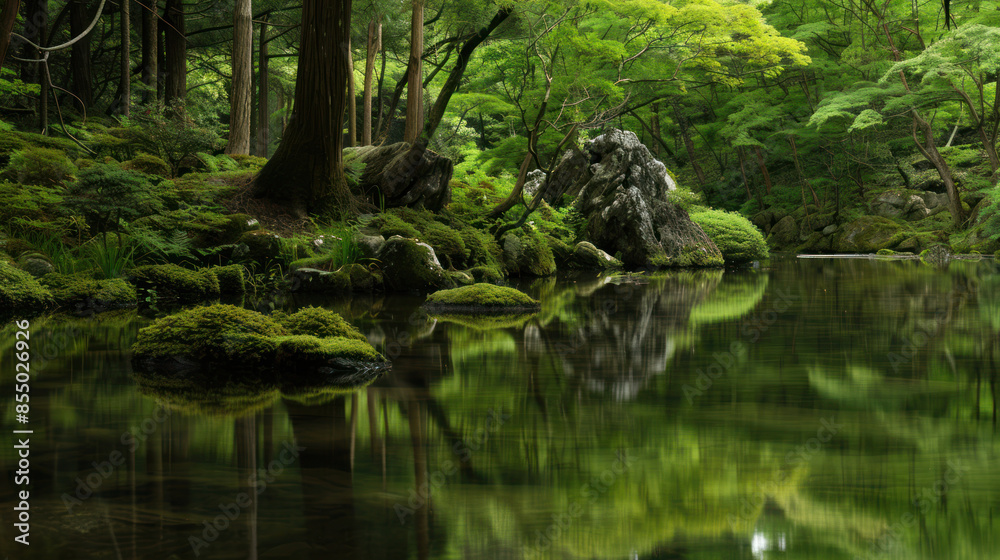 Lush Forest Reflection on Tranquil Pond - A lush forest scene with vibrant green foliage, reflected on the still waters of a tranquil pond, creating a serene and peaceful atmosphere. Lush Forest Reflection on Tranquil Pond - A lush forest scene with vibrant green foliage, reflected on the still waters of a tranquil pond, creating a serene and peaceful atmosphere.