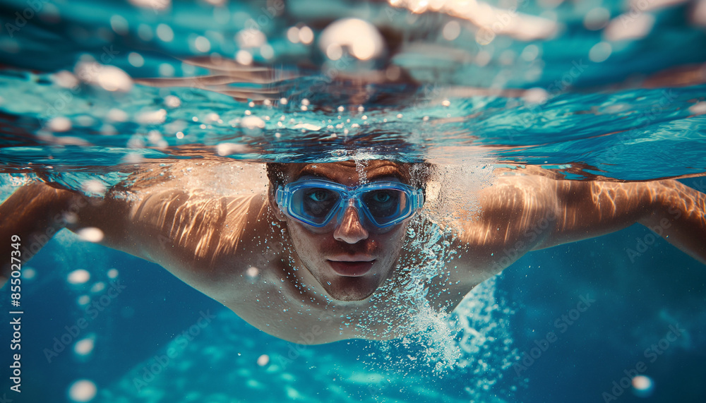 Naklejka premium A man dives beneath the surface of a swimming pool.