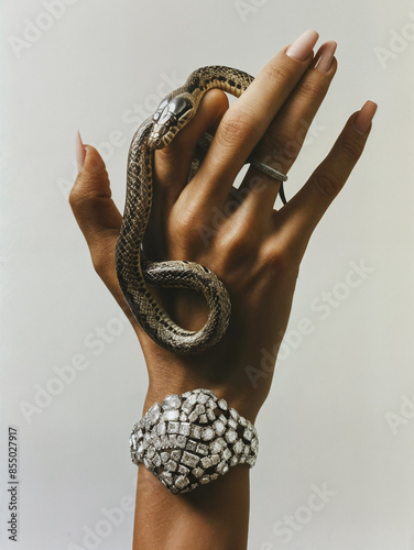 A woman's hand with a beautiful manicure and painted nails holds a snake on a white background. Hand with a snake in beauty editorial style