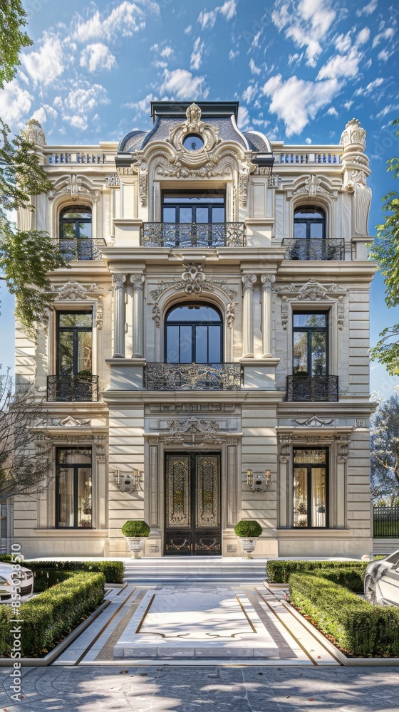 Obraz premium a classic luxury mansion exterior, showcasing its white stone facade and meticulously designed large garden from the front view.