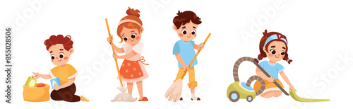 Funny Boy and Girl Character Engaged in Cleanup Doing Domestic Chores Vector Set