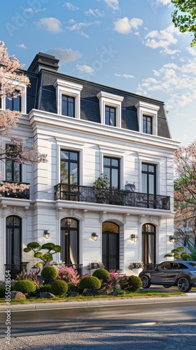 Wallpaper Mural a classic luxury mansion exterior, showcasing its white stone facade and meticulously designed large garden from the front view. Torontodigital.ca